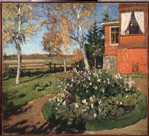 Kwietnik. (Przed domem i wiejskim krajobrazem). Malarstwo Stanisława Julianowicza Żukowskiego (Żukowski) (1873-1944), olej na płótnie