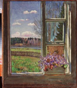 Fiołki przed oknem. Obraz Stanisława Julianowicza Żukowskiego (Żukowski) (1873-1944), olej na płótnie 1931. Sztuka rosyjska, XX wiek, sztuka współczesna. Państwowe Muzeum Sztuki, Dniepropietrowsk (Ukraina).