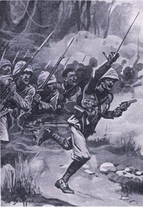Brytyjczycy szarżujący na Aszanti w Amoaful, 31 stycznia 1874, ilustracja z brytyjskich bitew lądowych i morskich, 1915 autorstwa Stanley L. Wood