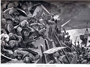 Krzyżowcy szturmujący Niceę, ilustracja z „Historii Narodów Hutchinsona” autorstwa Stanley L. Wood