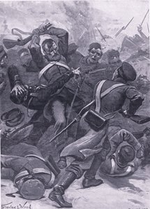 Inkerman: The 55th (2nd Border) Regiment szarżujący na Rosjan, ilustracja z brytyjskich bitew lądowych i morskich, 1915 autorstwa Stanley L. Wood