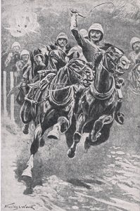 Porucznik Maclaine podnoszący działa w Maiwand, 17 lipca 1880, ilustracja z brytyjskich bitew na lądzie i morzu, 1915