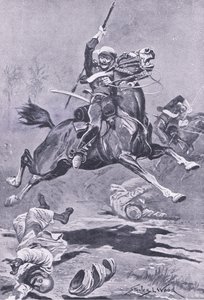 9th Lancers at Delhi, 1857, ilustracja z brytyjskich bitew na lądzie i morzu, 1915 autorstwa Stanley L. Wood