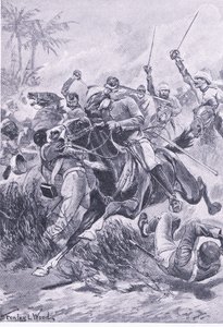 Ochotnicza kawaleria pod Lucknow, 30 czerwca 1857, ilustracja z brytyjskich bitew lądowych i morskich, 1915 autorstwa Stanley L. Wood