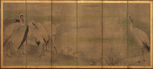Żurawie i chryzantemy, okres Momoyama lub Edo, 1568-1868.