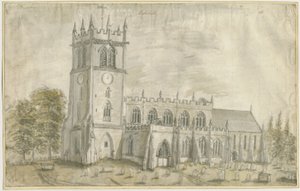 Kościół Eccleshall: malarstwo akwarelowe, bd [1762-1802] autorstwa Stebbing Shaw