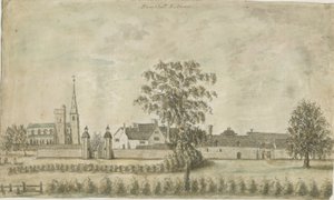 Hamstall Ridware - Kościół i Dwór: akwarela, bd [1762-1802] autorstwa Stebbing Shaw