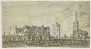 Hamstall Ridware - Kościół i Dwór: akwarela, bd [1762-1802] autorstwa Stebbing Shaw