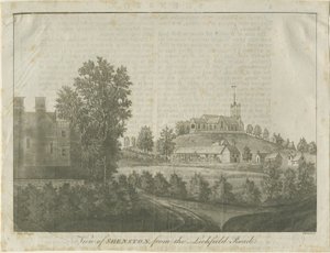 Kościół i wieś Shenstone: rycina akwatinta, 1792 autorstwa Stebbing Shaw