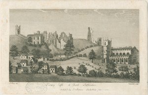 Zamek i kościół Tutbury - widok południowo-wschodni: grawerowanie, nd [1762-1792] (druk) autorstwa Stebbing Shaw