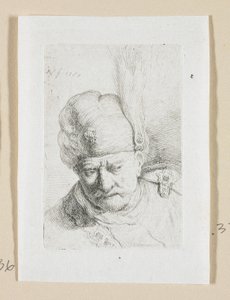 Głowa mężczyzny w turbanie ozdobiona piórkiem