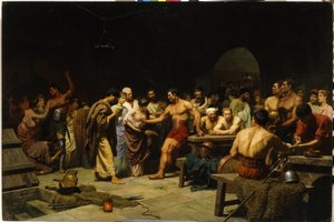 Gladiatorzy przed wejściem na arenę. (Gladiatorzy przed pojawieniem się na arenie). Rzymscy patrycjusze odwiedzają i oceniają sylwetkę gladiatorów przed walką, kobiety schlebiają i gratulują walczącym. Malarstwo Stepana (