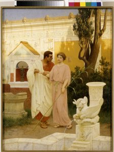 Pytanie i odpowiedź (Dialog między parą w ogrodzie starożytnego rzymskiego pałacu) - Obraz Stepana (Stefan) Vladislavovich Bakalowicz (1857-1947), olej na płótnie