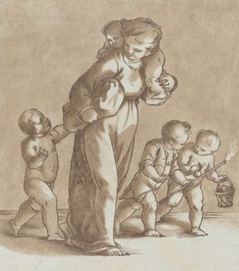 Młoda dziewczyna idzie w lewo z jednym niemowlęciem na ramieniu i trzyma jeszcze jeden..., ok. godz. 1780.