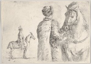 Polski lokaj, widziany z tyłu, trzymający uzdę konia w prawo, polski hor..., ca. 1662. autorstwa Stefano della Bella