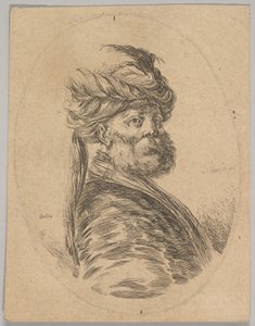 Turek z brodą i turbanem z jednym długim piórem z przodu, skończył trzy czwarte..., 1650.