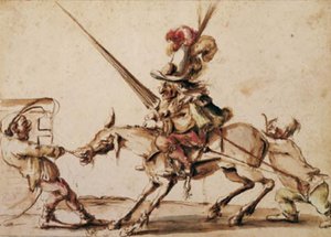 Krzaczasty krasnolud na niespokojnym mule ciągnięty na turniej przez dwa inne krasnoludy autorstwa Stefano della Bella