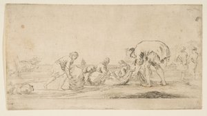 Rybak przynoszący sieci, mężczyzna z lewej przepychający belę w prawo, dwa miejsca..., ca. 1662. autorstwa Stefano della Bella