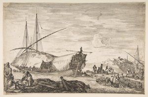 Kuchnia okryta żaglami po lewej, na pierwszym planie sześć armat i cztery osoby, jedna..., 1655. autorstwa Stefano della Bella