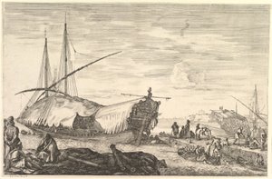 Po lewej kuchnia zakryta żaglami, na przedpolu sześć armat i cztery osoby..., ok. godz. 1652-57. autorstwa Stefano della Bella
