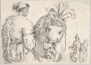 Mężczyzna po lewej z profilu dający garść siana koniowi pośrodku, jeździec do..., ca. 1662. autorstwa Stefano della Bella