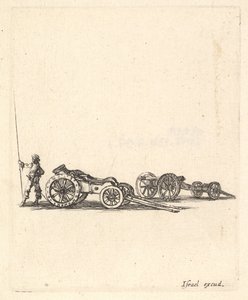 Moździerz i działo, oba na wozach, żołnierz ukazany z tyłu, ok. godz. 1638-43. autorstwa Stefano della Bella