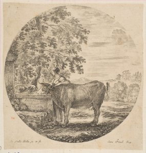 Chłopka z krową przy fontannie ozdobionej herbami Medyceuszy, z Six an..., ca. 1646. autorstwa Stefano della Bella