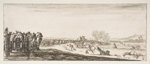 Pochód konnych wozów armatnich w lewo, jeźdźcy w walce i martwy ho..., ca. 1641. autorstwa Stefano della Bella