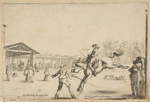 Ujeżdżalnia, jeździec ze skokami na miecze kierowany przez innego mężczyznę z mieczem w..., ca. 1645. autorstwa Stefano della Bella