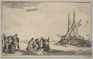 Łódź wiosłowa pełna mężczyzn w środku, grupa mężczyzn stojących na brzegu po lewej, statek pełen…, 1639. autorstwa Stefano della Bella