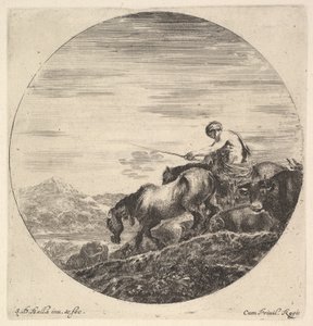 Pasterz po prawej, zwrócony w lewo, pędzący grupę zwierząt w dół, okrągła trasa..., ca. 1643-48. autorstwa Stefano della Bella