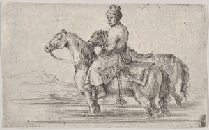 Lokaj zabierający dwa konie do kąpieli, siedzący na jednym koniu w rzece, na drugim obok..., ca. 1662. autorstwa Stefano della Bella