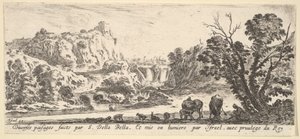 W tle wodospad schodzący z gór, różne zwierzęta i..., ca. 1641. autorstwa Stefano della Bella