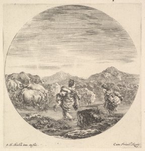 Kobieta niosąca dziecko pośrodku, widziana z tyłu, inna kobieta po prawej, twarzą..., ok. godz. 1643-48. autorstwa Stefano della Bella