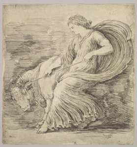 Kobieta z profilu ciągnąca się na linie zawiązanej wokół rogów młodego byka, ca. 1660. autorstwa Stefano della Bella