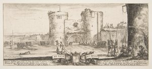 Wejście do twierdzy w centrum, kobieta z dzieckiem siedząca przy ognisku po prawej, sol..., ok. godz. 1641. autorstwa Stefano della Bella