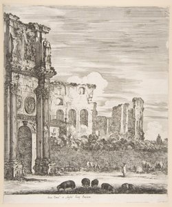 Łuk Konstantyna i Koloseum z pasącymi się owcami na pierwszym planie, z sześciu dużych widoków..., 1656. autorstwa Stefano della Bella