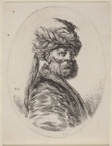 Brodaty Maur w turbanie z piórami i welonem, zwrócony w prawo autorstwa Stefano della Bella
