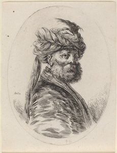 Brodaty Moor w Pierzastym Turbanie z Welonem, Zwrócony w Prawo, 16491650. autorstwa Stefano della Bella