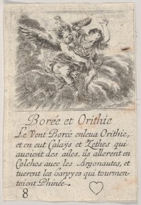 Boreas i Orithyia, z Game of Mythology Jeu de la Mythologie, 1644. autorstwa Stefano della Bella
