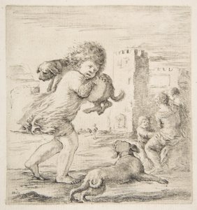 Dziecko niosące szczeniaka na ramieniu, ca. 1662. autorstwa Stefano della Bella
