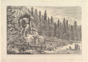 Kolosalna statua Appenino autorstwa Giambologna po lewej, przedstawiona jako gigantyczna kuca..., ca. 1653. autorstwa Stefano della Bella