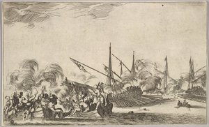 Walka między kilkoma łodziami wiosłowymi i statkami, dwie grupy mężczyzn w łodziach wiosłowych walczące w lewo..., 1639. autorstwa Stefano della Bella