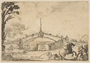 Walka na moście, jeździec i dwóch piechoty walczą na miecze w prawym dolnym rogu..., ca. 1645. autorstwa Stefano della Bella