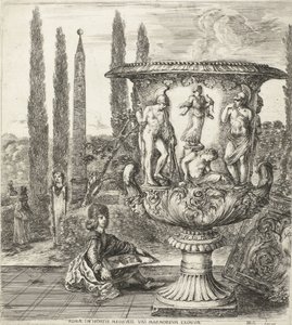 De jonge Cosimo III de Medici tekent de Medici-vaas Rzym, w ogrodach Medyceuszy, wyjątkowy marmur (tytuł na obiekcie) Gezichten op Rome en omgeving (tytuł serii) Sześć grandes vues, dont quatre de Rome et deux de la Campagne romaine (tytuł serii) autorstwa Stefano della Bella