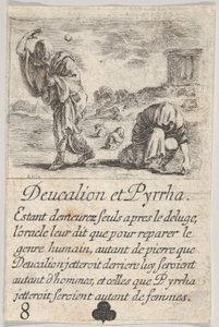 Deucalion i Pyrrha, z Game of Mythology Jeu de la Mythologie, 1644. autorstwa Stefano della Bella