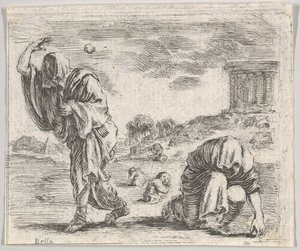 Deucalion i Pyrrha, z Game of Mythology Jeu de la Mythologie, 1644. autorstwa Stefano della Bella