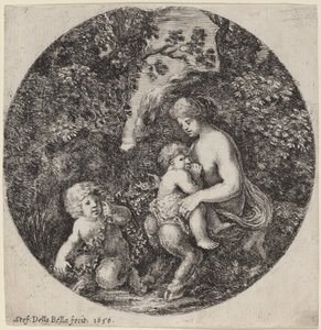 Satyrka karmiąca dziecko w zalesionym krajobrazie autorstwa Stefano della Bella
