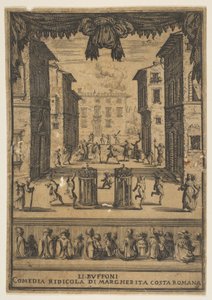Frontyspis do komedii The Buffoons Li Buffoni, scenografia nawiązująca do p..., ca. 1639. autorstwa Stefano della Bella