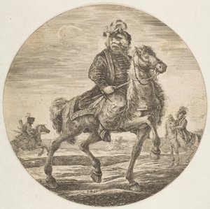 Jeździec węgierski jadący w prawo, w tle inni jeźdźcy, cyrk..., ok. godz. 1651. autorstwa Stefano della Bella
